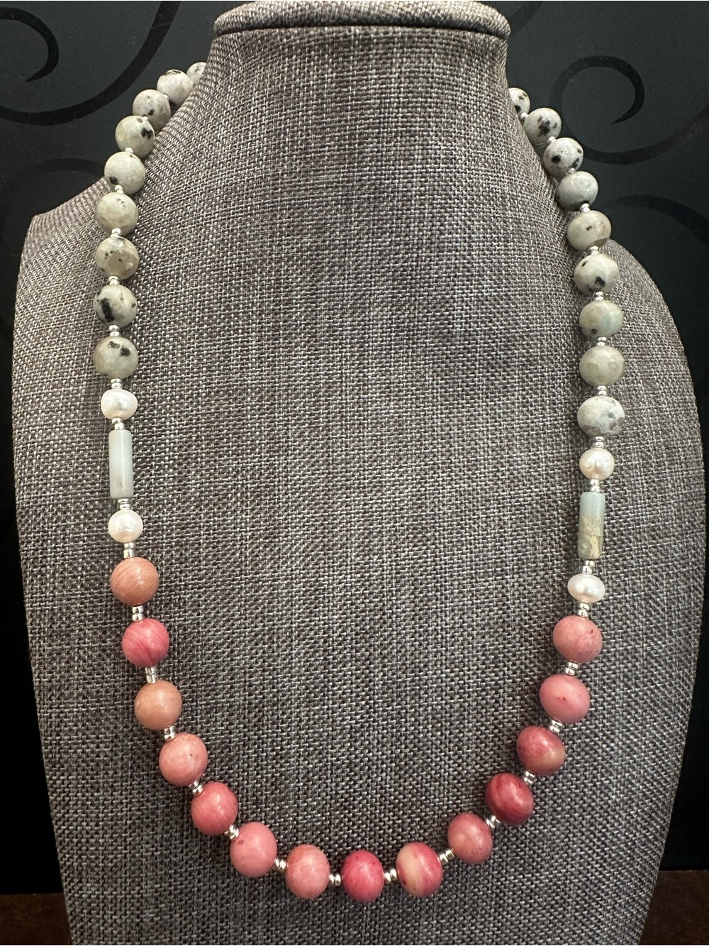 Handcrafted Pink Rhodonite and Green Jasper Stone Bead Necklace